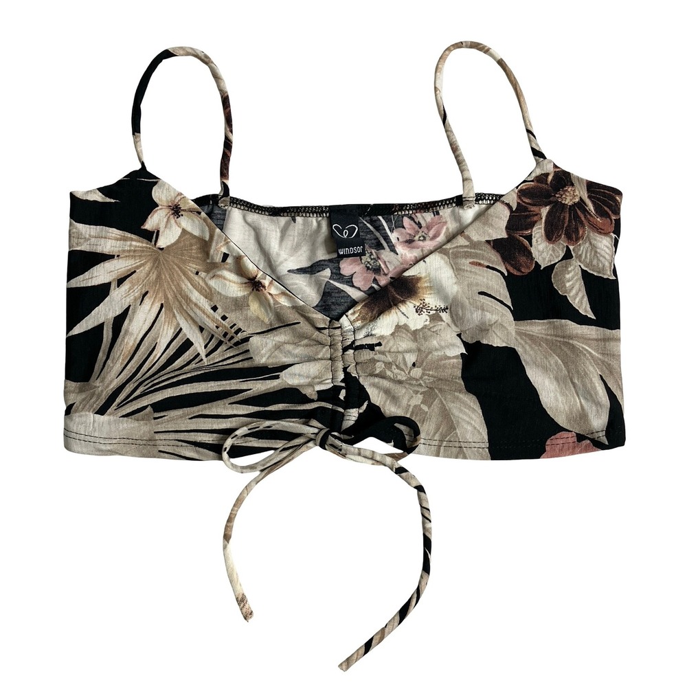 Y2K Windsor Floral Cami Crop Top Women XS Black Floral Tropical Ruched Tie Front